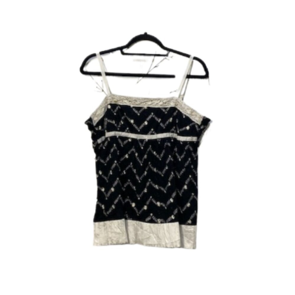 Y2K GALENO Womens Black White Eyelet Babydoll Thin Strap Tank Size L Silk Trim